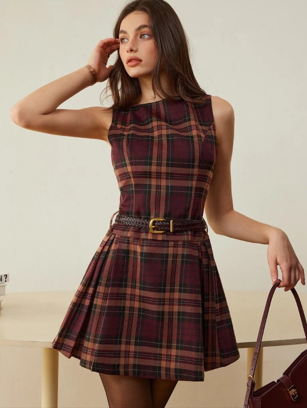 NWT Commense Checkered Pleated Tank Dress Without Belt Small Plaid Mini Red Tan - Picture 11 of 11